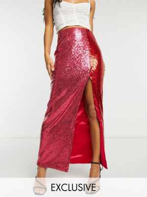 Collective The Label Exclusive Sequin Split Midaxi Skirt In Contrast Pink And Red