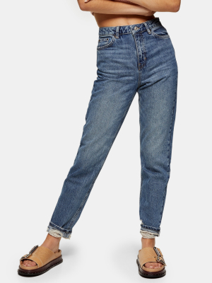 Mid Blue Ripped Hem Mom Tapered Jeans