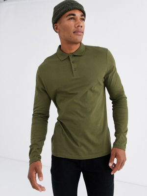 Asos Design Organic Long Sleeve Jersey Polo In Khaki