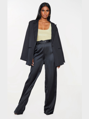 Black Satin Belted Wide Leg Pants