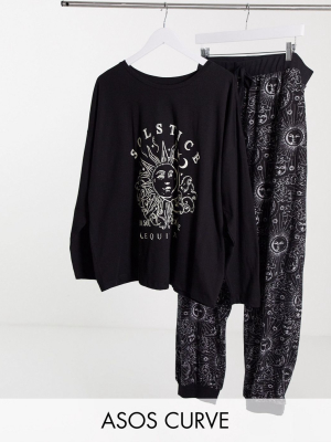 Asos Design Curve Astrology Drop Armhole Tee & Cuffed Sweatpants Pajama Set In Black