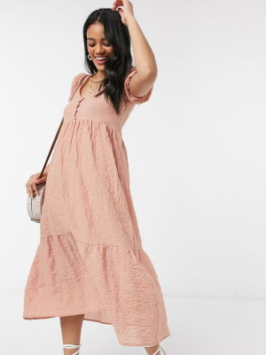 Pull&bear Button Front Smock Midi Dress In Rust