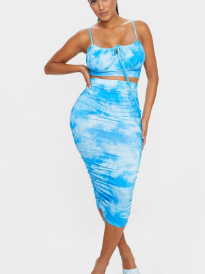 Shape Blue Tie Dye High Waist Ruched Midi Skirt