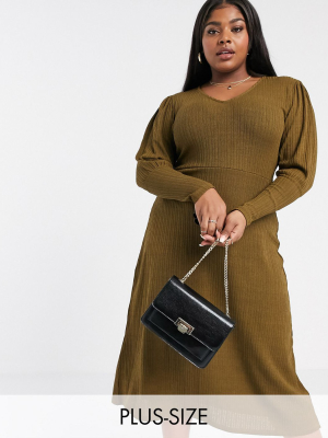 River Island Plus Puff Sleeve Ribbed Midi Dress In Khaki