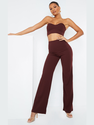 Chocolate Brown Crepe High Waisted Wide Leg Pants