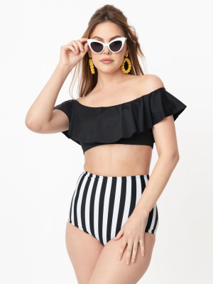 Unique Vintage Black & White Stripe Button High Waist Louise Swim Bottoms