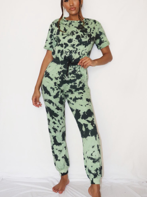 Sage Green Tie Dye Short Sleeve Sweat Jumpsuit