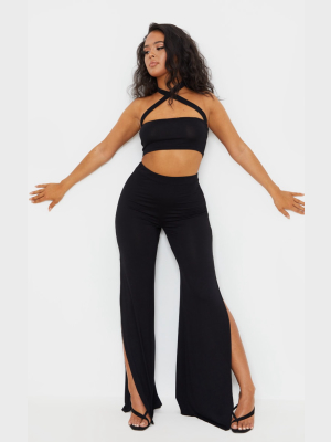 Black Jersey High Waist Split Wide Leg Pants