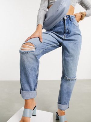 Asos Design High Rise 'slouchy' Mom Jeans In Midwash With Rips