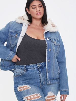 Plus Size Faux Fur-trim Denim Jacket