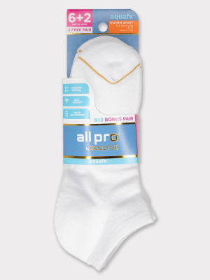 All Pro Women's Extended Size Aqua Fx 6+2 Bonus Pack No Show Athletic Socks - White 8-12