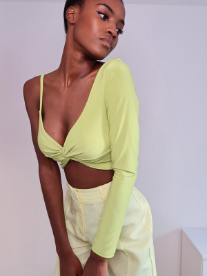 Lime Slinky One Shoulder Drape Front Crop Top