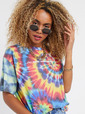 New Girl Order Oversized Festival T-shirt In Rainbow Tie Dye With I'll Bring You Flowers Text