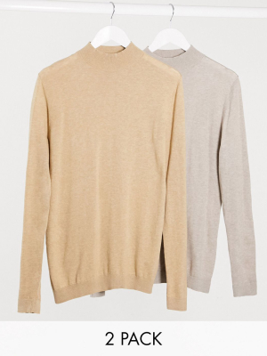 Asos Design Muscle Fit Turtleneck Multipack In Sand And Putty