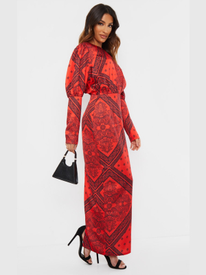 Rust Satin Tile Printed Puff Sleeve Maxi Dress