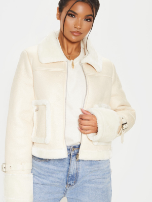 Cream Borg Trim Cropped Pu Jacket