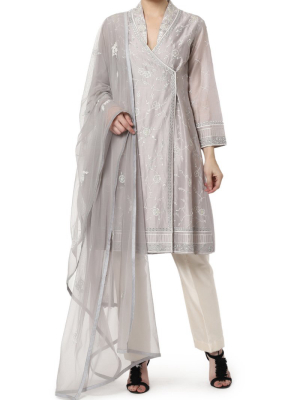 Embroidered Angrakha Kurta With Cigarette Pants