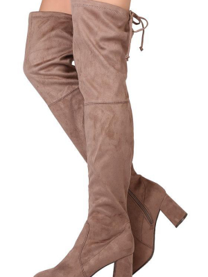 Vanesa36 Taupe Thigh High Drawstring Almond Toe Heel Boot