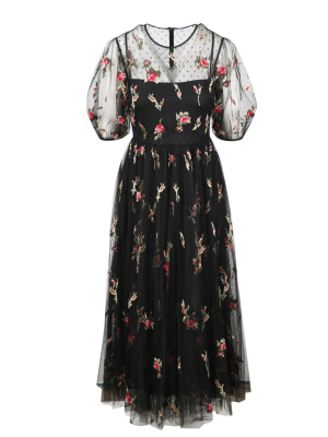 Redvalentino Floral Tulle Puff Sleeve Dress