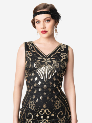 Unique Vintage Deco Style Black & Gold Sequin Laurentine Fringe Flapper Dress