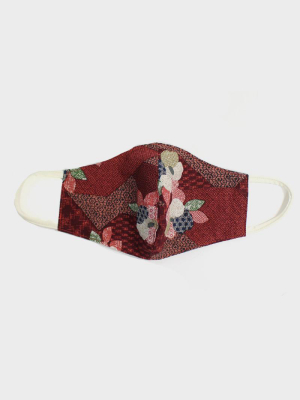 Face Mask, Red Patchwork Style, Flowers, White Cord