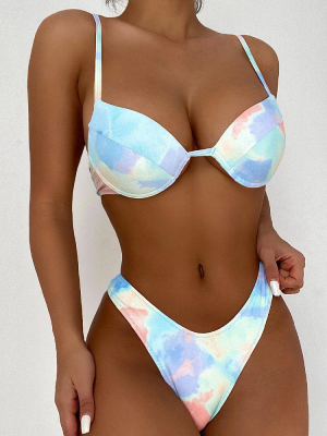 Tie Dye Print High Cut Underwire Brazilian Two Piece Bikini Swimsuit