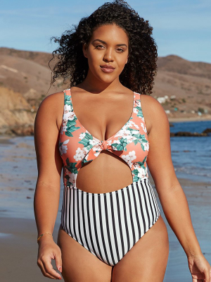 Floral And Striped Cutout Knotted Plus Size One Piece Swimsuit