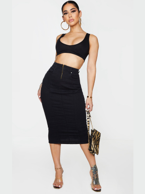 Shape Black Seam Detail Zip Denim Midi Skirt