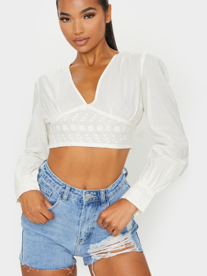 Stone Plunge Embroidered Long Sleeve Crop Top