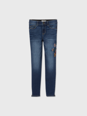 Women's Floral Embroidered Mid-rise Skinny Denim Pants - Knox Rose™ Blue