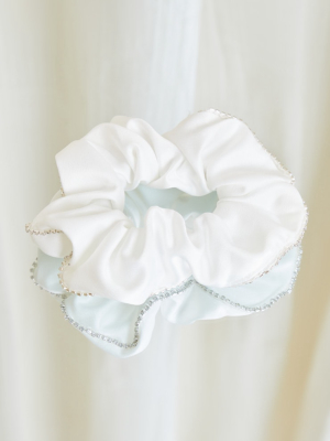 White Satin Diamante Trim Scrunchie