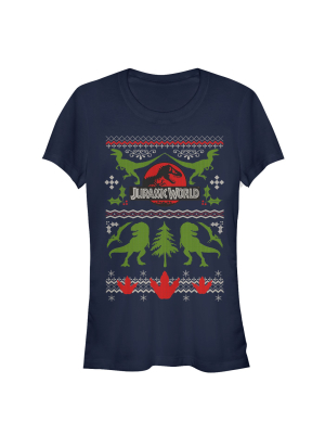 Junior's Jurassic World Ugly Christmas Print T-shirt