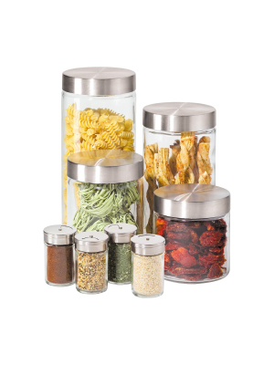 Oggi 8 Piece Round Airtight Glass Canister And Spice Jar Set With Stainless Steel Lids
