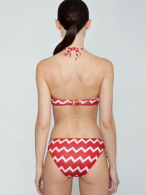 Zig-zag Drawstring Tie Side Bikini Bottom - Red/white Chevron Print