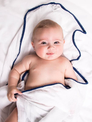 Luxe Silky Soft Bamboo Cotton Swaddle – Navy Pom Pom Trim