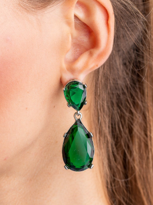 Emerald And Silver Teardrop Pierced Or Clip Earrings