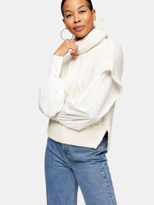 Ivory Cable Knit Roll Neck Sweater With Poplin Sleeve