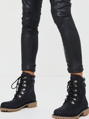 Black Suede Contrast Pu Back Eyelet Lace Up Boots