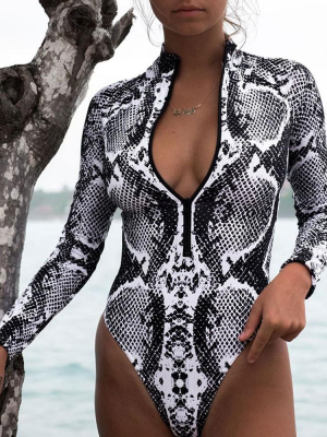 Zip Up Snakeskin Sleeved Brazilian One Piece Rashguard Swimsuit