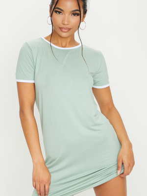 Sage Green Contrast Trim Jersey T Shirt Dress