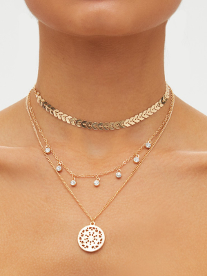 Gold Triple Layered Diamante Necklace
