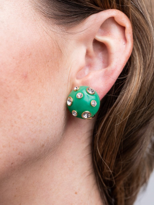 Jade Domed Gold Clip Earrings With Crystals