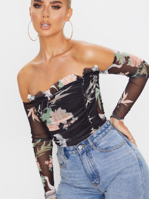 Black Printed Mesh Ruched Bardot Bodysuit