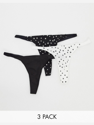 Asos Design 3 Pack Mesh Tanga Thong In Star Print