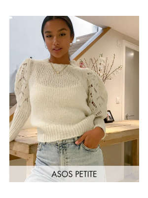 Asos Design Petite Sweater With Pointelle Sleeves And Neck Detail In Cream