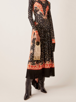 Fringe-trimmed Printed Stretch-jersey Maxi Dress