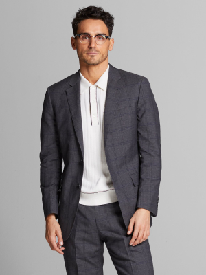 Italian Wool Cotton Suit Jacket In Charcoal Windowpane