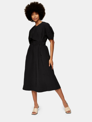 Washed Black Nylon Belted Midi Dress