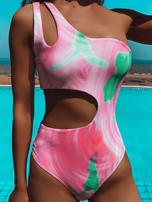 Chic Tie Dye Cutout One Shoulder One Piece Swimsuit