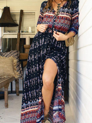 Black Boho Style Printed Maxi Dress